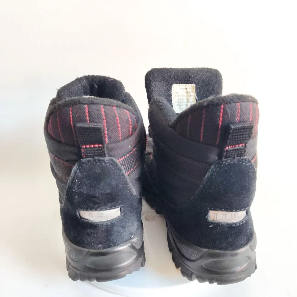 LL Bean Hiking Trail Boots Size 9.5 Vintage Leather Black‎ Red Insulated Womens